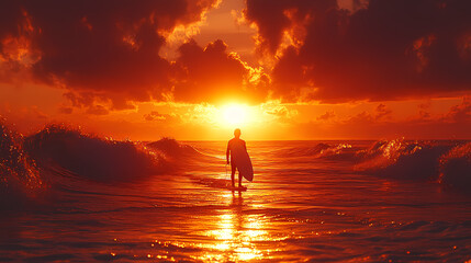 Surfer goes home during a beautiful sunset