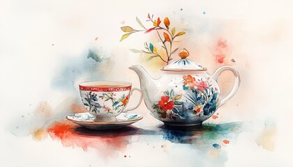 Fototapeta premium A Watercolor Illustration of Vintage Tea Set with Floral Design Tea Cups