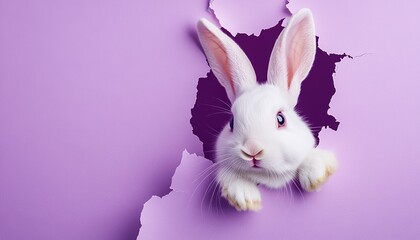 Obraz premium Cute White Rabbit Bunny Peeking Through Torn Purple Paper