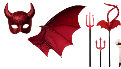 Set collection of devil demon satan red maroon costume accessory, Masquerade mask, wings, trident pitchfork fork, tail, horn on transparent background