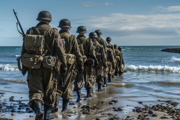 Naklejka premium Soldiers approach at the normandy beach.
