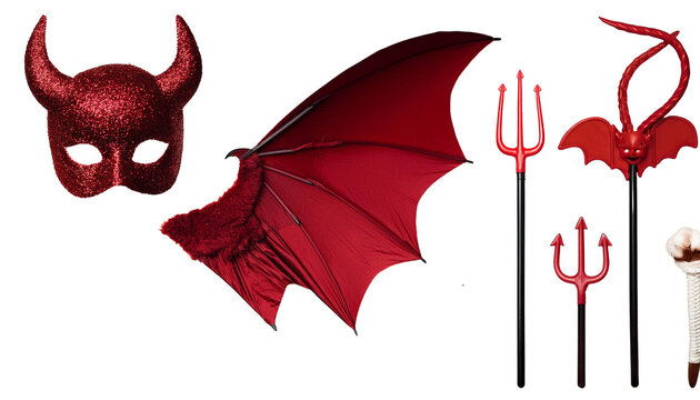Set collection of devil demon satan red maroon costume accessory, Masquerade mask, wings, trident pitchfork fork, tail, horn on transparent background