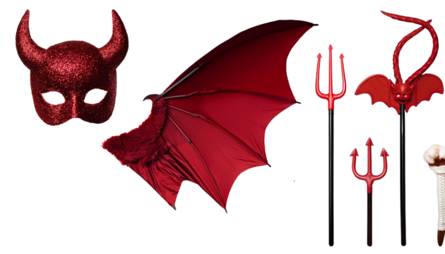 Set collection of devil demon satan red maroon costume accessory, Masquerade mask, wings, trident pitchfork fork, tail, horn on transparent background