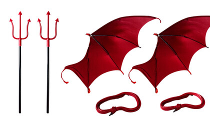 Set collection of devil demon satan red maroon costume accessory, Masquerade mask, wings, trident pitchfork fork, tail, horn on transparent background