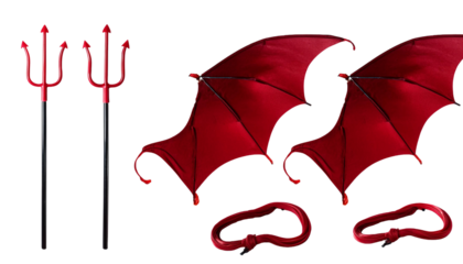 Set collection of devil demon satan red maroon costume accessory, Masquerade mask, wings, trident pitchfork fork, tail, horn on transparent background