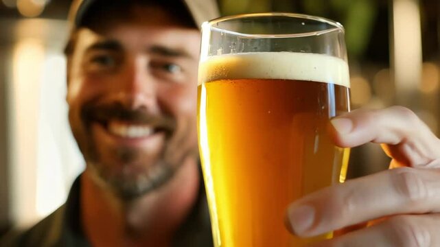 A brewer holding a pint of beer and looking directly at the camera