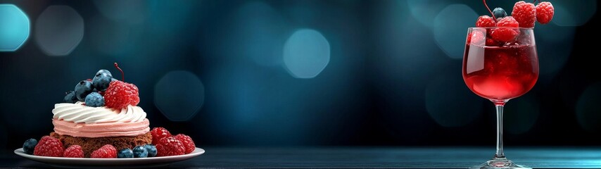 Dessert and Cocktail with Raspberries and Blueberries on Blue Background