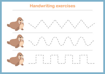 Basic writing exercises. Trace line worksheets for children. Preschool handwriting practice. Vector illustration. A4 - ready to print format