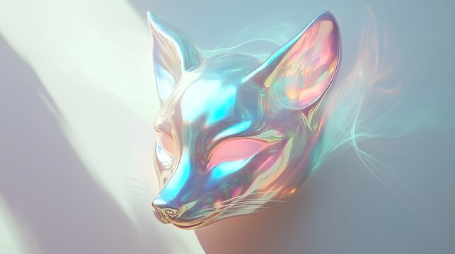 A fox mask seemingly suspended in mid-air with its iridescent surface glowing softly in ethereal light
