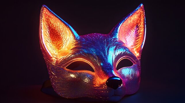 A shimmering fox mask with a metallic iridescent surface appearing to float in mid-air under a soft glow