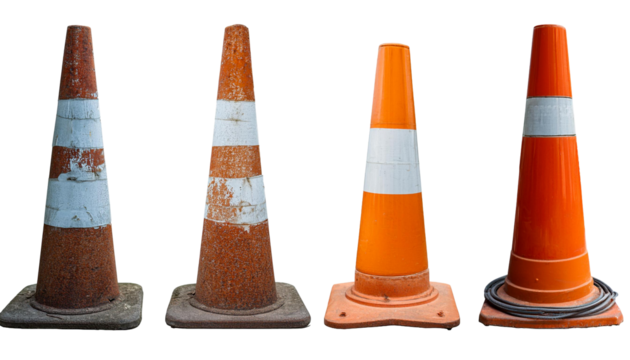 Set collection of street road traffic distressed rustic barrier bollard cone post on transparent background