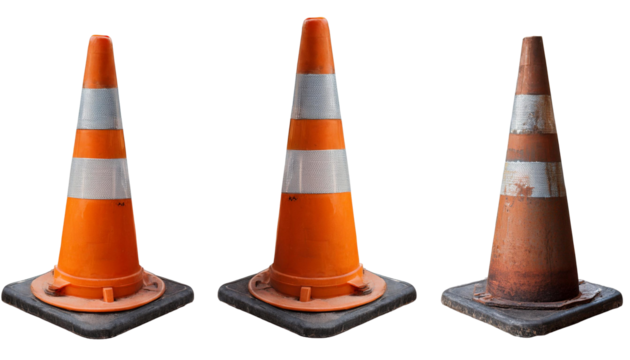 Set collection of street road traffic distressed rustic barrier bollard cone post on transparent background