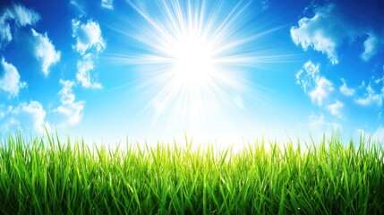 Obraz premium A wide, green field bathed in sunlight under a brilliant blue sky with scattered clouds, capturing the beauty of nature and tranquility.