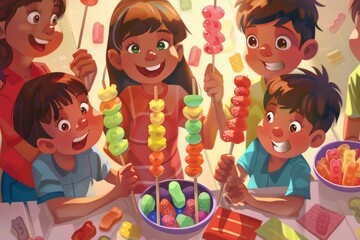 Kids enjoying candy skewers at party