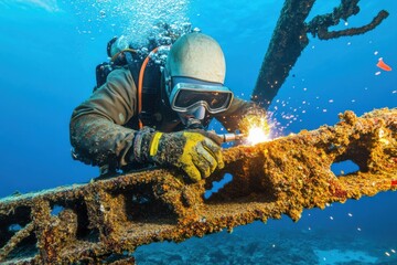 Welder in diving gear fusing metal structures underwater with bright sparks illuminating the ocean depths