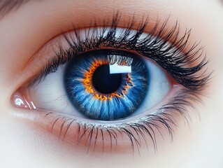 A wide-open blue eye with natural eyelashes and a glowing highlight in the pupil, isolated on white background 