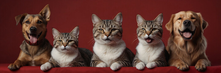 Dog and cat portrait on red background isolated. Pets and companions. Commercial banner for advertising cat and dog food. Pets looking at the camera on red background. Wallpaper. Copy space