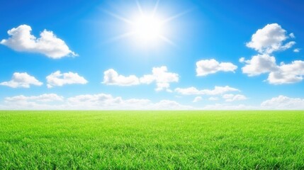 An endless green field meets the horizon with a clear blue sky above, scattered clouds adding depth to the serene, pastoral scene.