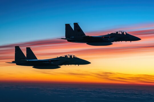 Military fighter jet soaring over a colorful sunset horizon