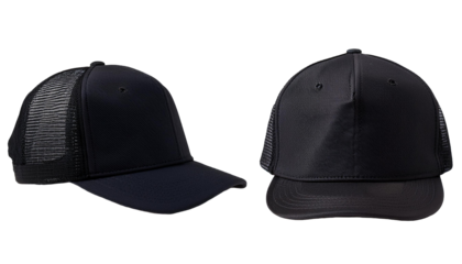 Set of black front and side view hat baseball cap  on transparent background