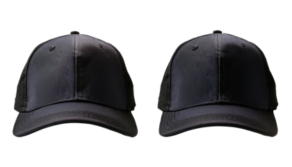Set of black front and side view hat baseball cap  on transparent background