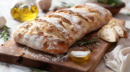 Rustic Loaf of Freshly Baked Bread with Olive Oil and Rosemary