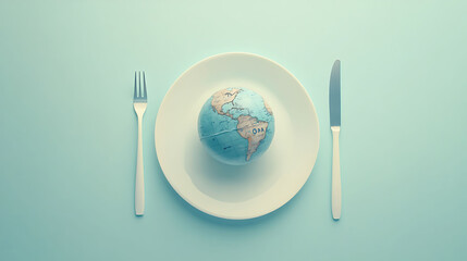 A small globe sits on a white plate, with a fork and knife on either side, on a light blue background.