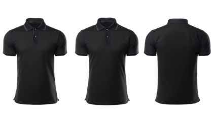  Set of black tee t shirt round neck front, back and side view on transparent background