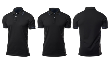  Set of black tee t shirt round neck front, back and side view on transparent background