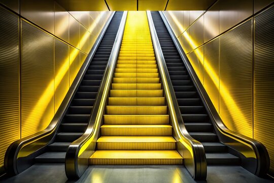 Modern escalator with black and yellow design, yellow step