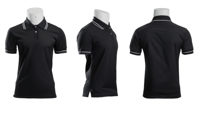  Set of black tee t shirt round neck front, back and side view on transparent background