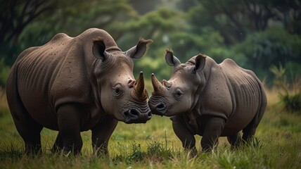 Obraz premium Two rhinoceroses, an adult and a calf, stand in a grassy field, looking at each other.