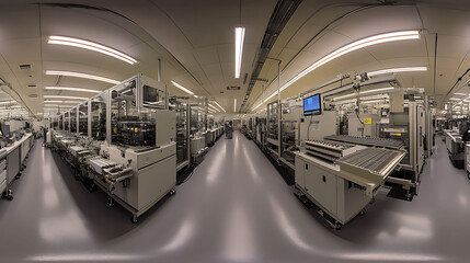 A 360 degree view of a clean, industrial factory with a long line of production machines, all in operation.