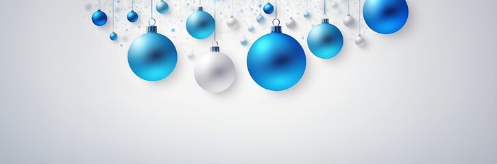 Blue and white Christmas balls on snow bokeh background