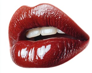 A detailed close-up of glossy red lips in a slight pout, isolated on white background 