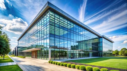 Obraz premium Modern glass building with landscaped surroundings