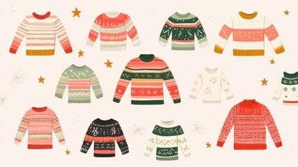 Colorful winter sweaters with stripes and fair isle patterns, on light background with playful snowflakes and stars for a cozy holiday theme. Christmas, winter clothes