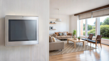 Fototapeta premium Wall-mounted flat screen TV in living room with modern interior design