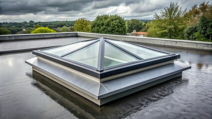 Modern glass roof lantern or skylight on contemporary grey flat roof during rain