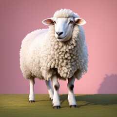 Obraz premium A realistic 3D rendering of a fluffy sheep standing on green grass with a pink background.