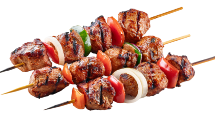  Set of delicious grilled kebabs on skewers isolated  on transparent background