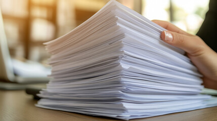 businesswoman holds a stack of blank documents, symbolizing readiness and opportunity. Her poised grip conveys professionalism, potential, and the importance of communication in business