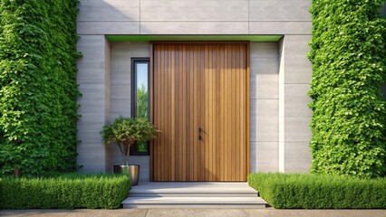 Modern house facade and entrance natural wooden door with green foliage