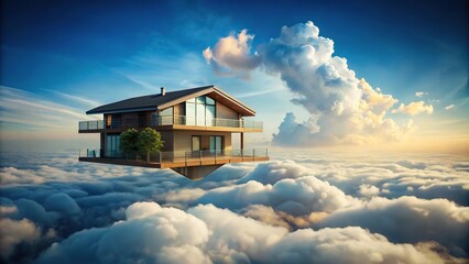 Modern house floating above clouds with sky as roof