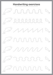 Basic writing exercises. Trace line worksheets for children. Preschool handwriting practice. Vector illustration. A4 - ready to print format