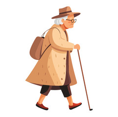 Elderly Woman Enjoying Nature with Walking Stick Outdoors Flat Vector Illustration