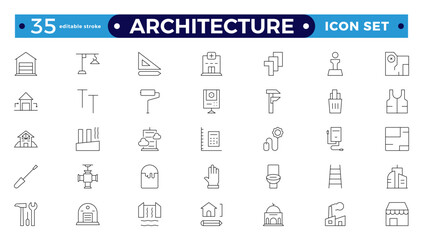 Architecture line icons collection. Bank, temple, office, factory, shop, hotel, hospital icons. UI icon set. Apartment interior blueprint. House construction. Editable stroke outline icon.
