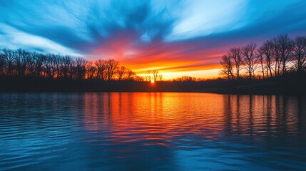 Fototapeta premium A vibrant sunset paints the sky with orange, red, and blue hues, reflected on the calm waters of a lake surrounded by silhouetted trees.
