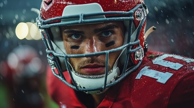 Close-up portrait of a determined American football player in a red jersey and helmet, rain falling on his face.