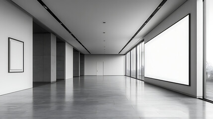 Obraz premium Contemporary Art Gallery: An elegant art gallery with white walls and a minimalist design. A blank white billboard stands prominently in the center of the room